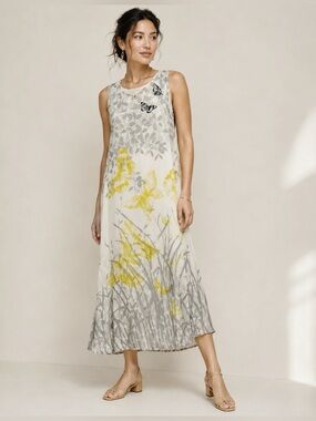VTG 90s Y2K Mureli Woman Silk Gray Yellow Butterfly Floral RelaxMaxi Dress XL